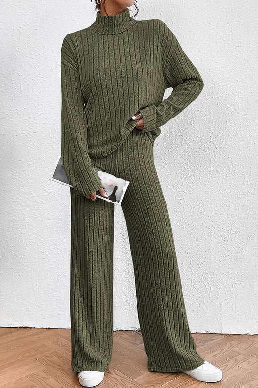 Ribbed Knit High Neck Loose Top and Pants Set