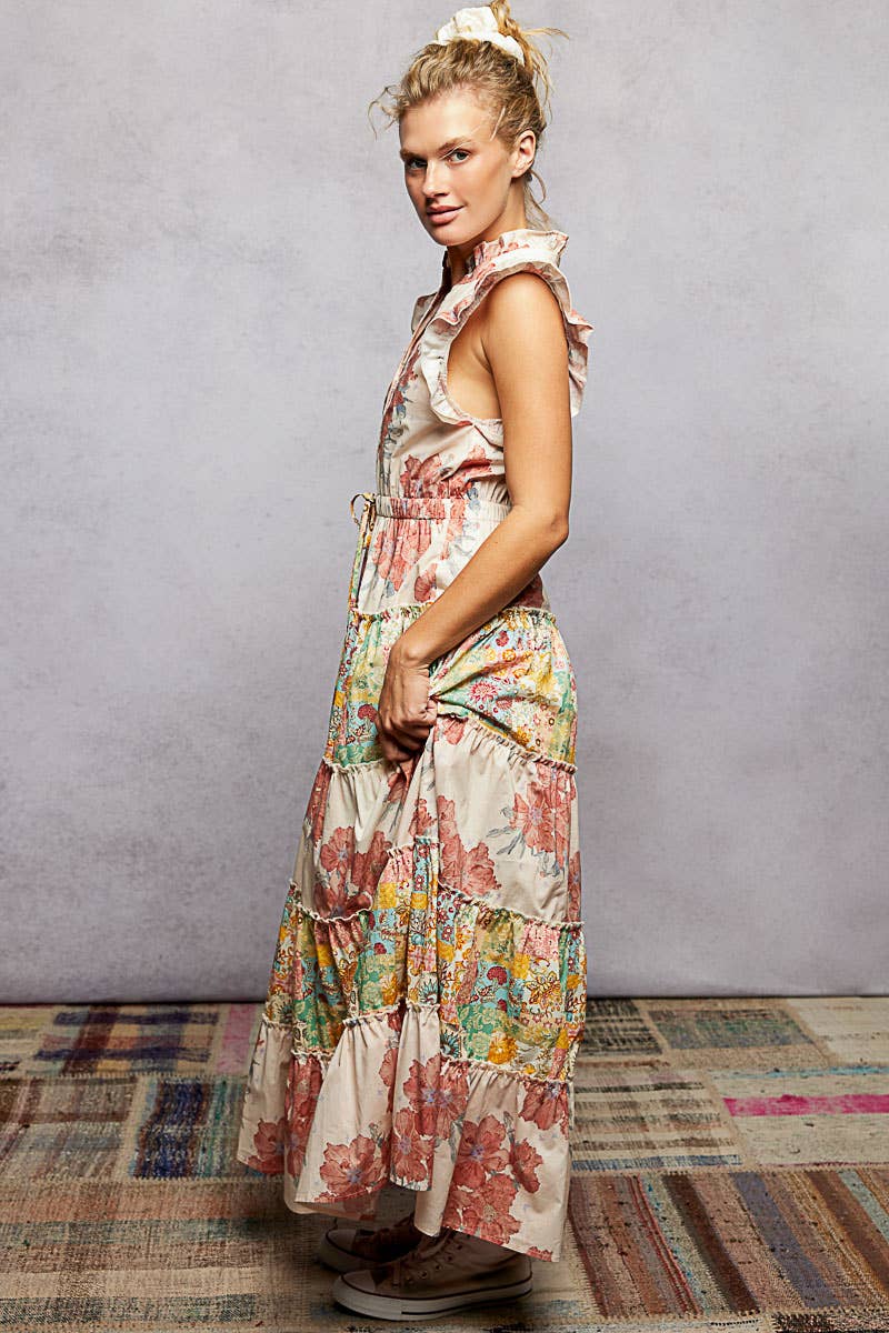 Camelia V-Neck Sleeveless Ruffle Floral Printed Maxi Dress