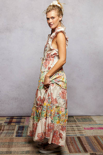 Camelia V-Neck Sleeveless Ruffle Floral Printed Maxi Dress