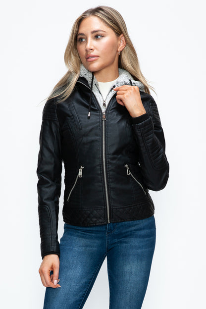 Faux Layered Double-Zipper Jacket with Fuzzy Hood