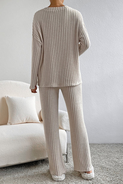 Parchment Ribbed V Neck Pullover and Pants Set