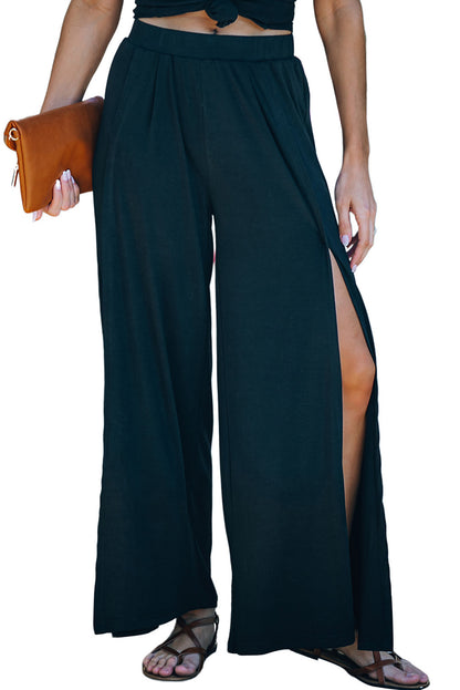 Black Casual Side Slit Mid Waist Wide Leg Pants