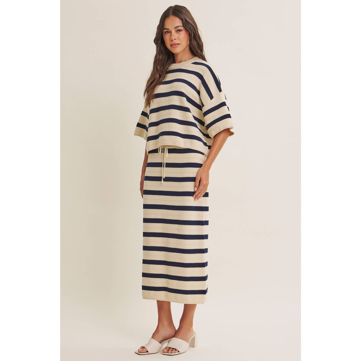 WEEKEND IN CANNES SOFT DRAPE COTTON STRIPE RELAXED SWEATER