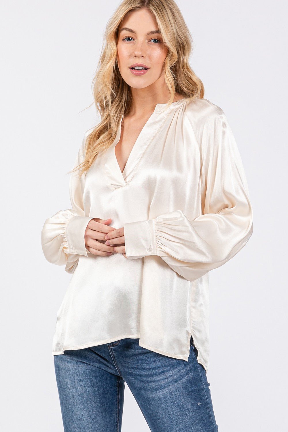 Satin Notched Long Sleeve Blouse