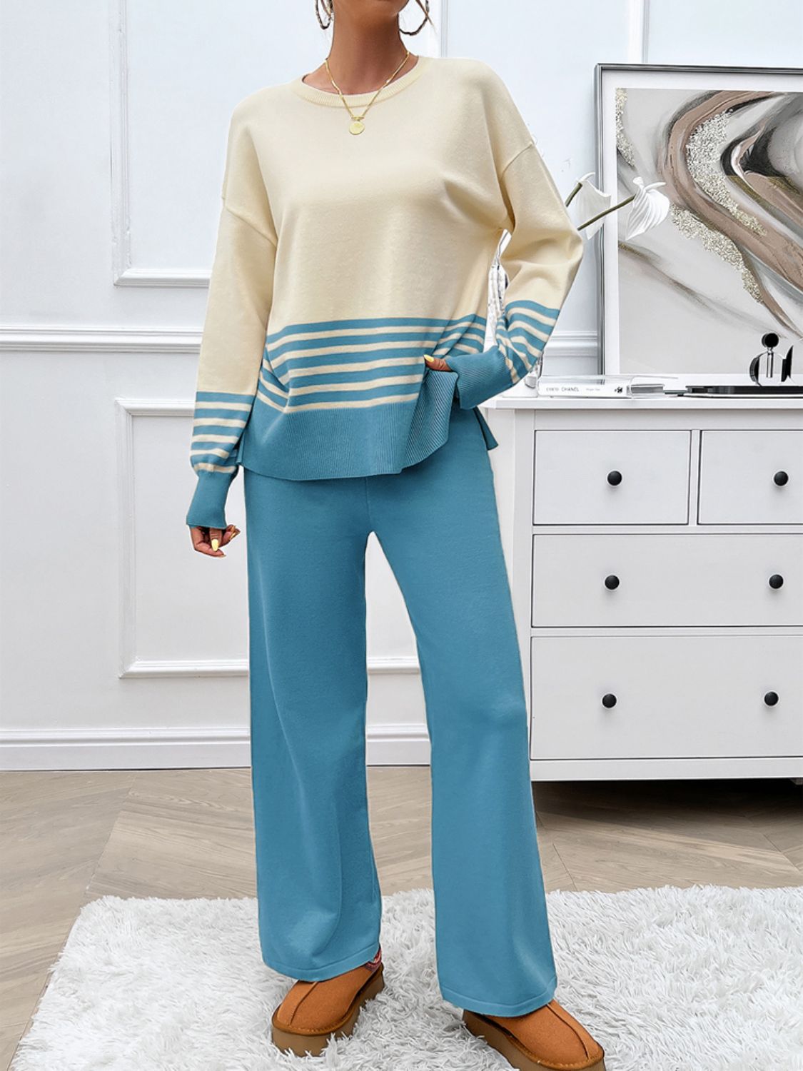 Divine Collection Slit Striped Round Neck Top and Pants Sweater Set