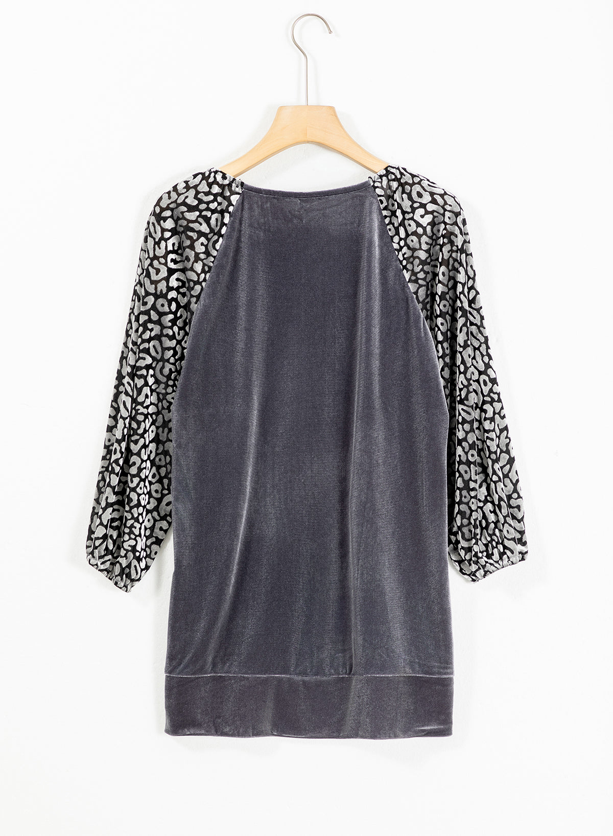 Medium Grey Leopard Lantern Sleeve Velvet Blouse