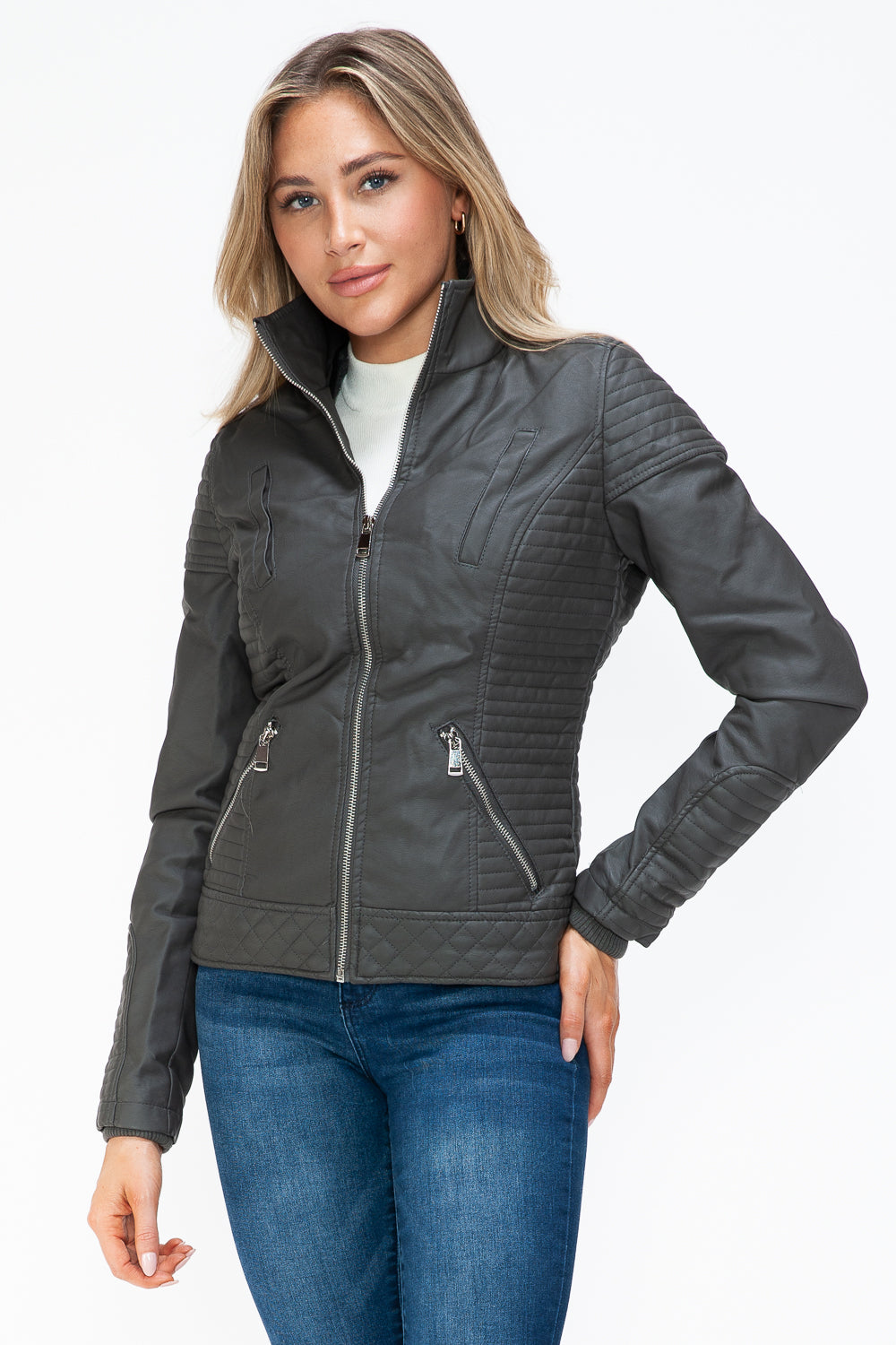 Faux Layered Double-Zipper Jacket with Fuzzy Hood