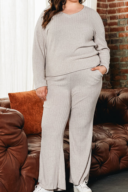 Parchment Ribbed V Neck Pullover and Pants Set