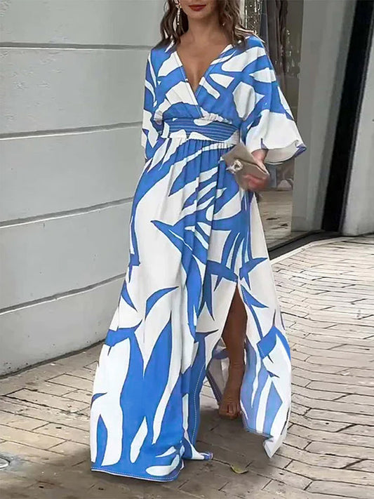 Slit Printed V-Neck Maxi Dress