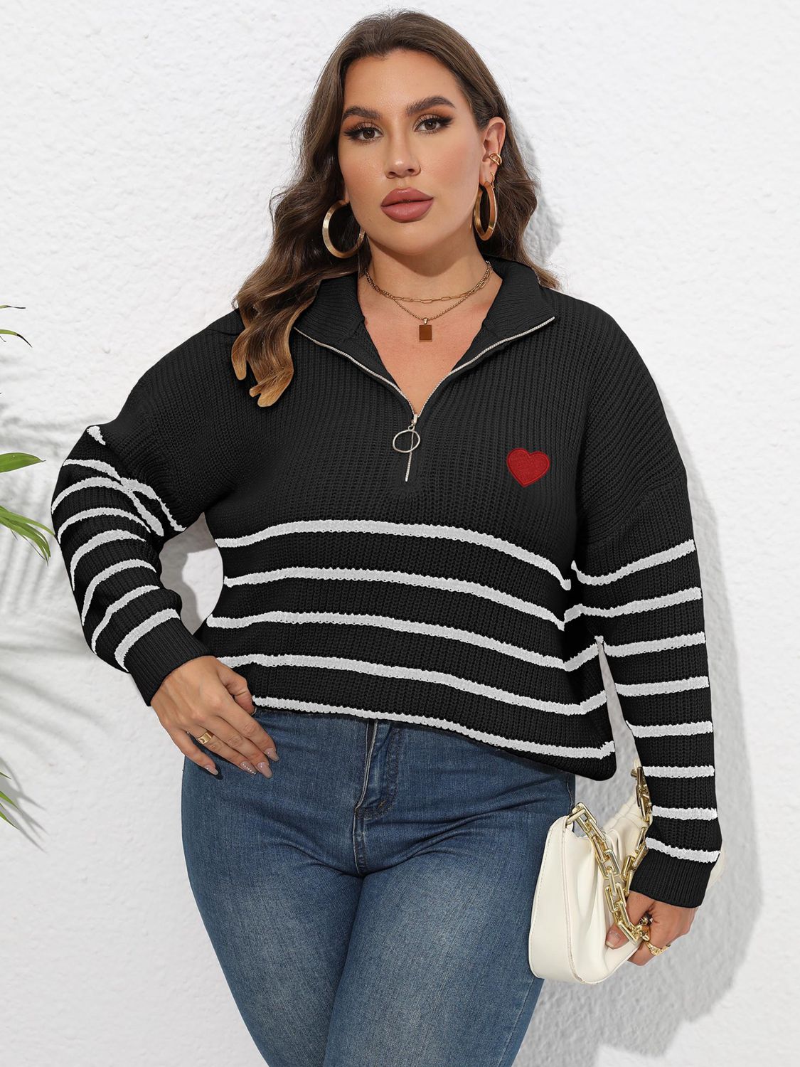 Size Inclusive Zip-Up Striped Sweater with Heart Logo