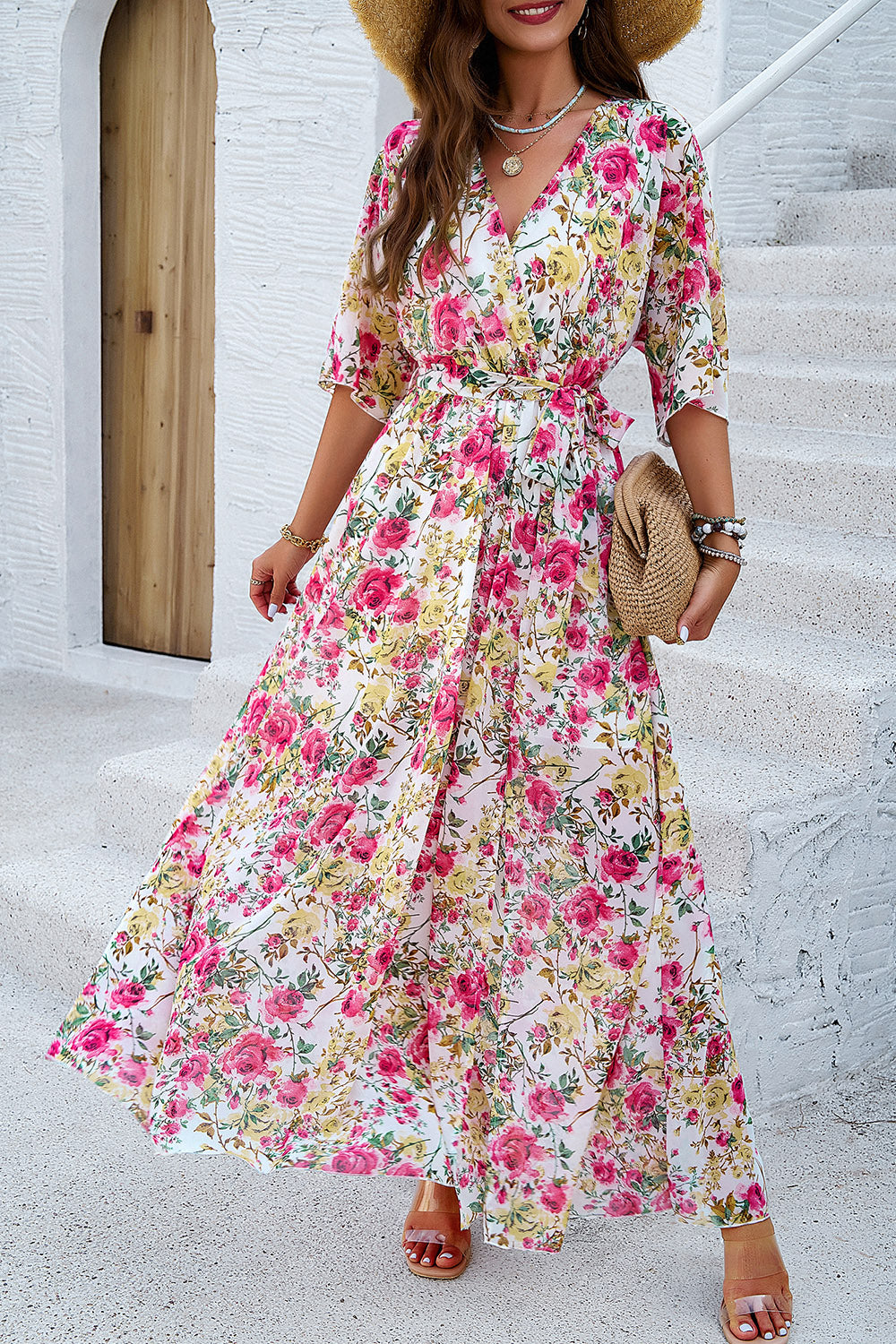 Divine Printed Tied Half Sleeve Slit Dress