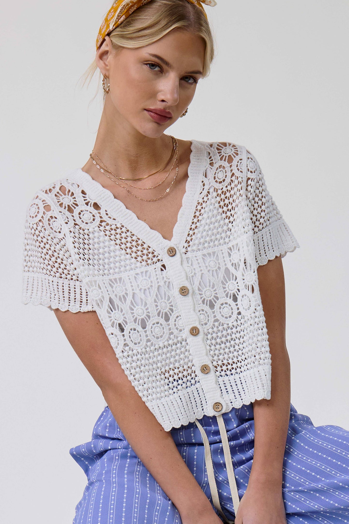 Open Knit Scallop Edge Button Down Cardigan