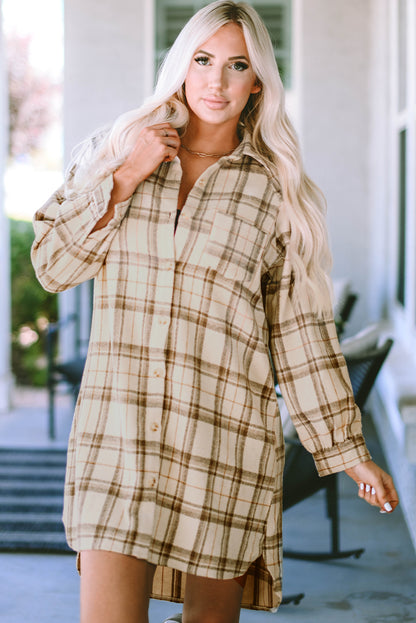 Khaki Western Plaid Button Up Loose Shirt Dress