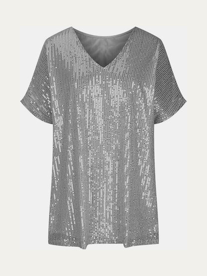 Size Inclusive Sequin V-Neck Short Sleeve Top