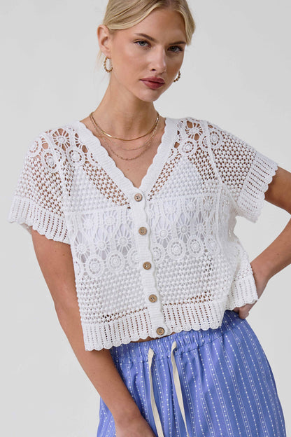 Open Knit Scallop Edge Button Down Cardigan
