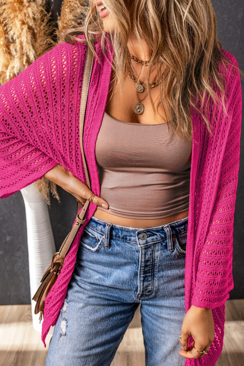 pink dolman sleeve knit classic open front cardigan