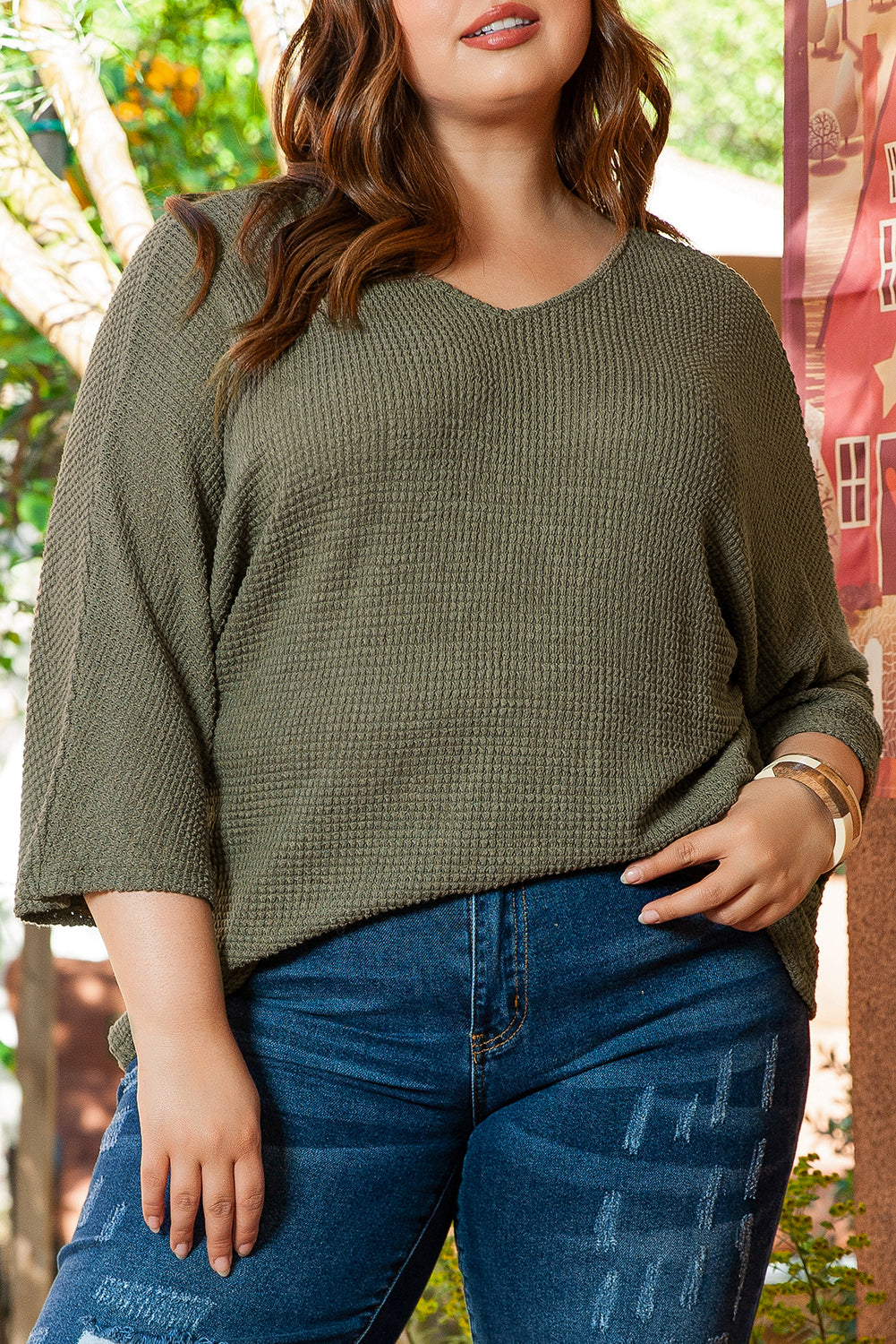 Green V-Neck Textured Knit Dolman Top