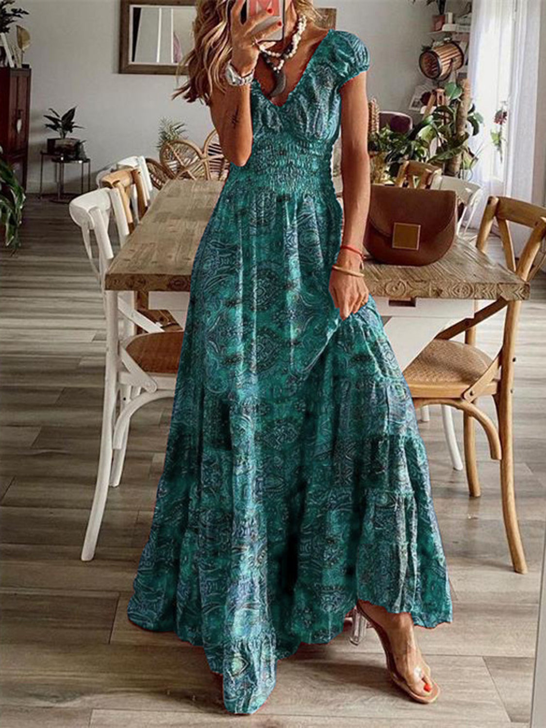 Turquoise Print Maxi Dress Short Cap Sleeves Smocked Waist Versatile Multi Occasion Dress