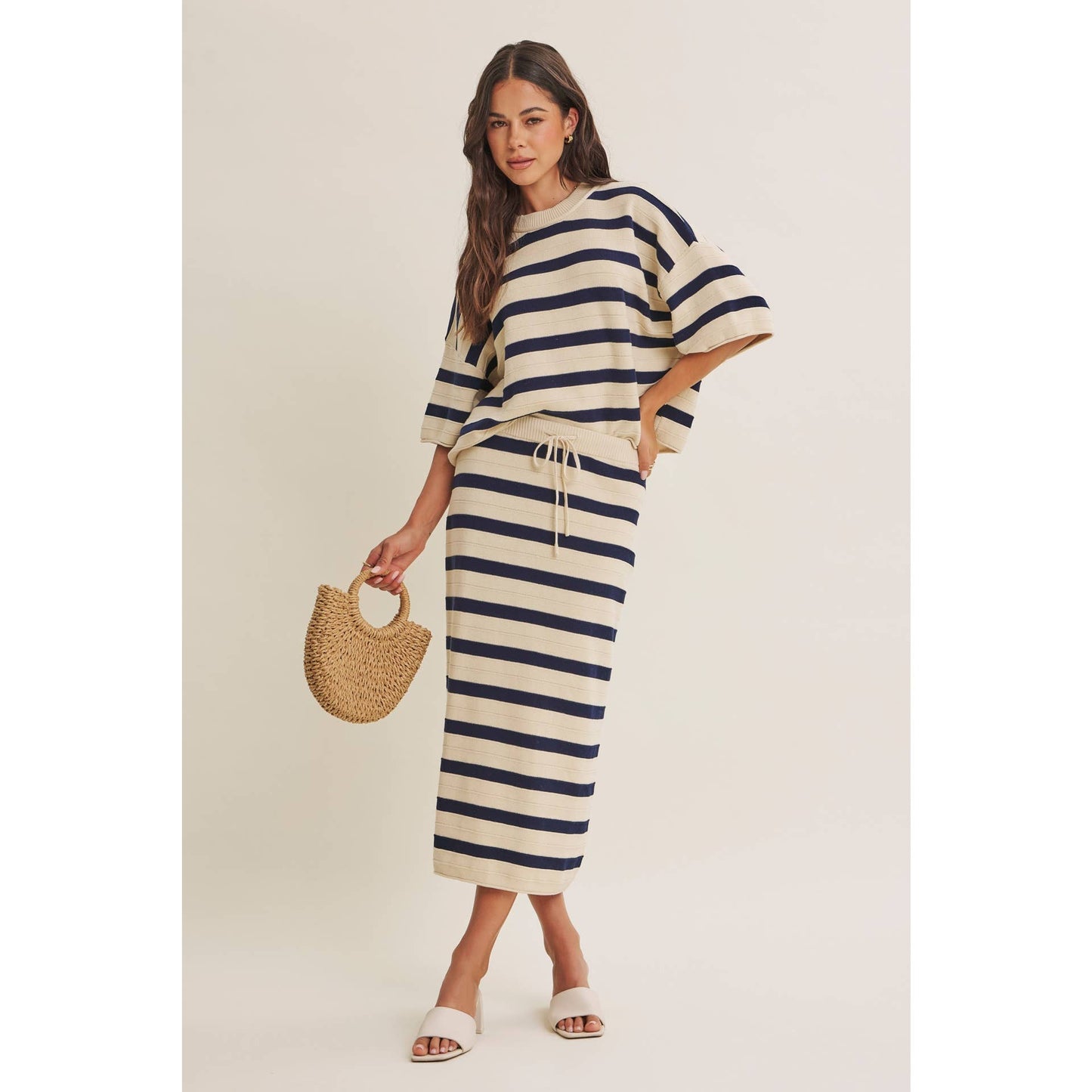 WEEKEND IN CANNES SOFT DRAPE COTTON STRIPE RELAXED SWEATER