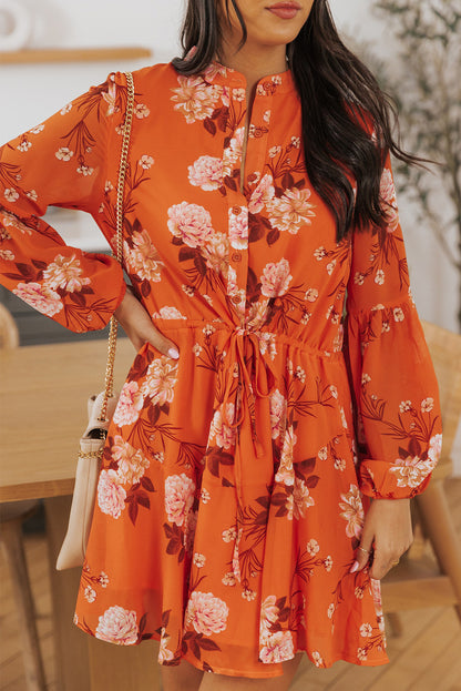 Orange Vintage Floral Print Drawstring Flowy Dress