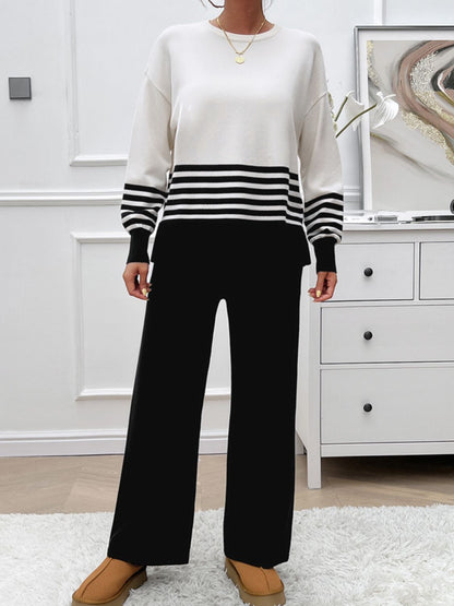 Divine Collection Slit Striped Round Neck Top and Pants Sweater Set