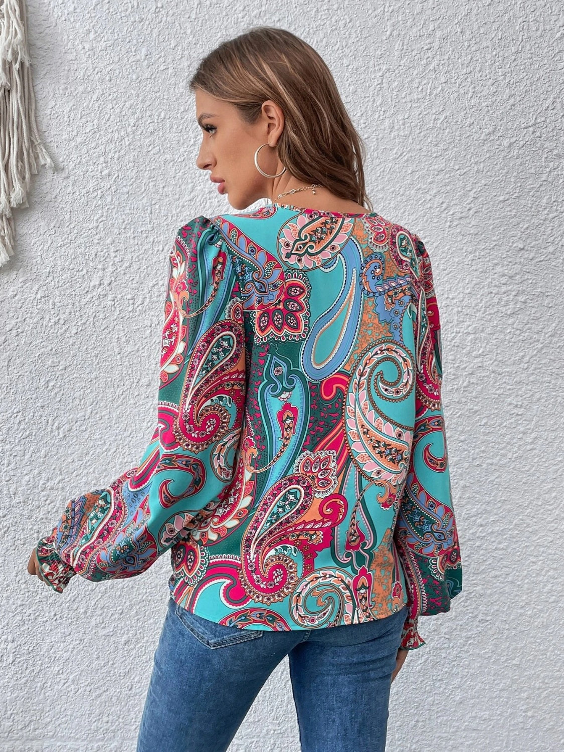 Printed Faux Wrap Lantern Sleeve Blouse