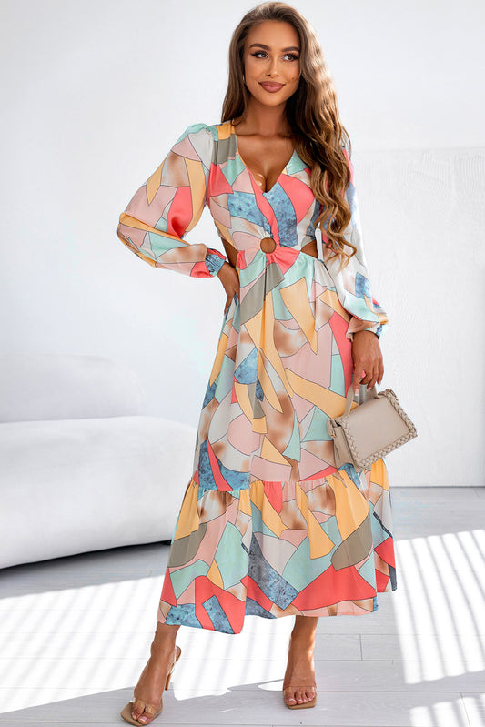 Mondrian Multicolor Abstract Print O-ring Cut-Out Long Sleeve Maxi Dress