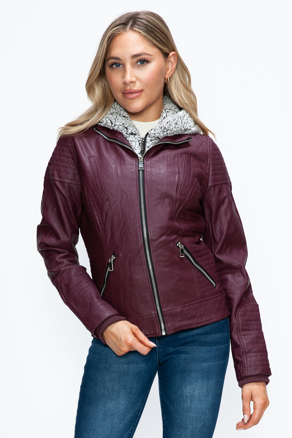 Faux Layered Double-Zipper Jacket with Fuzzy Hood