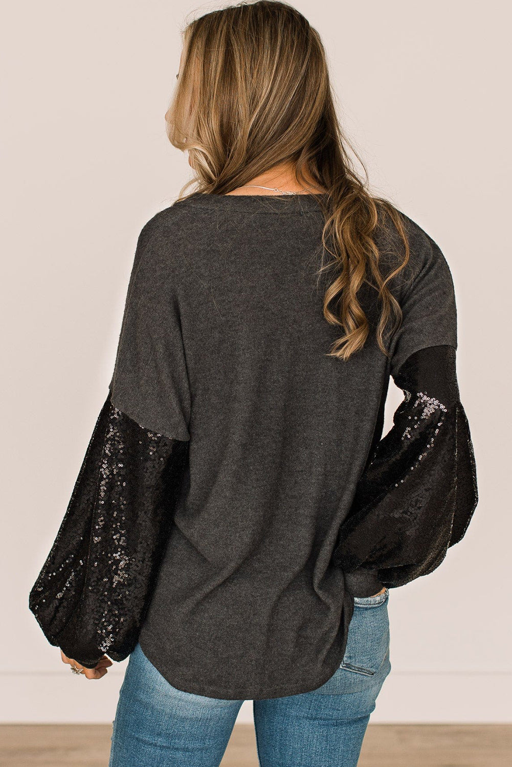 Black Sequin Bubble Sleeve V Neck Knit Top