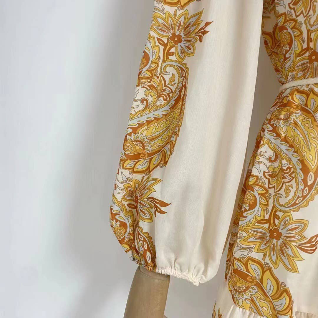 Retro Print Tie-Waist Dress with Lantern Sleeves