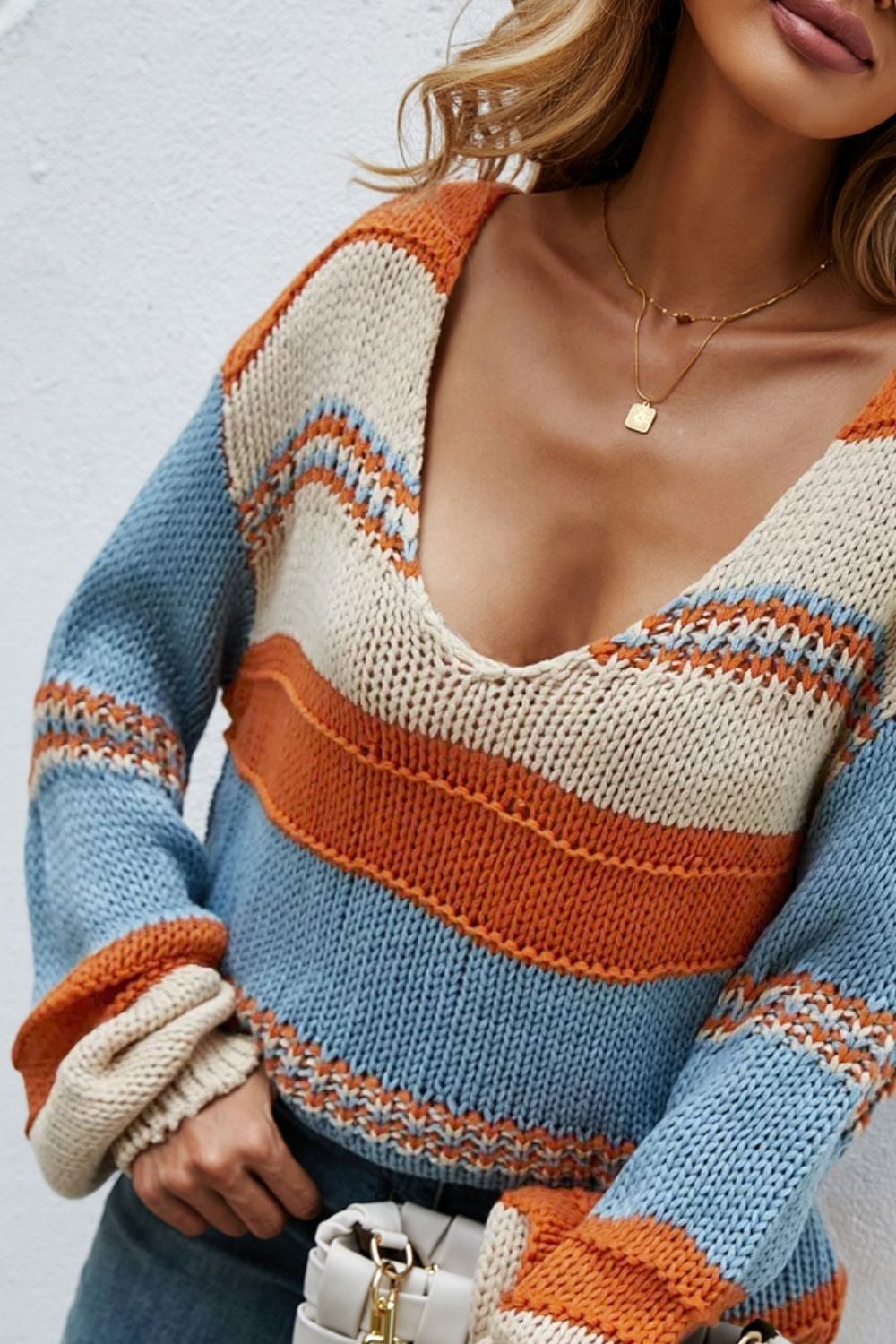 Multi Color Block V-Neck Dropped Shoulder Sweater