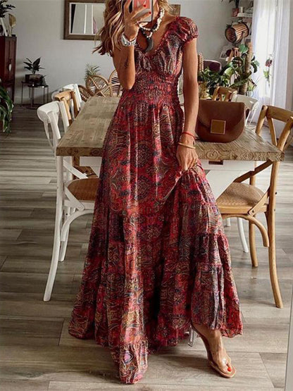 Rust Print Maxi Dress Short Cap Sleeves Smocked Waist Versatile Multi Occasion Dress