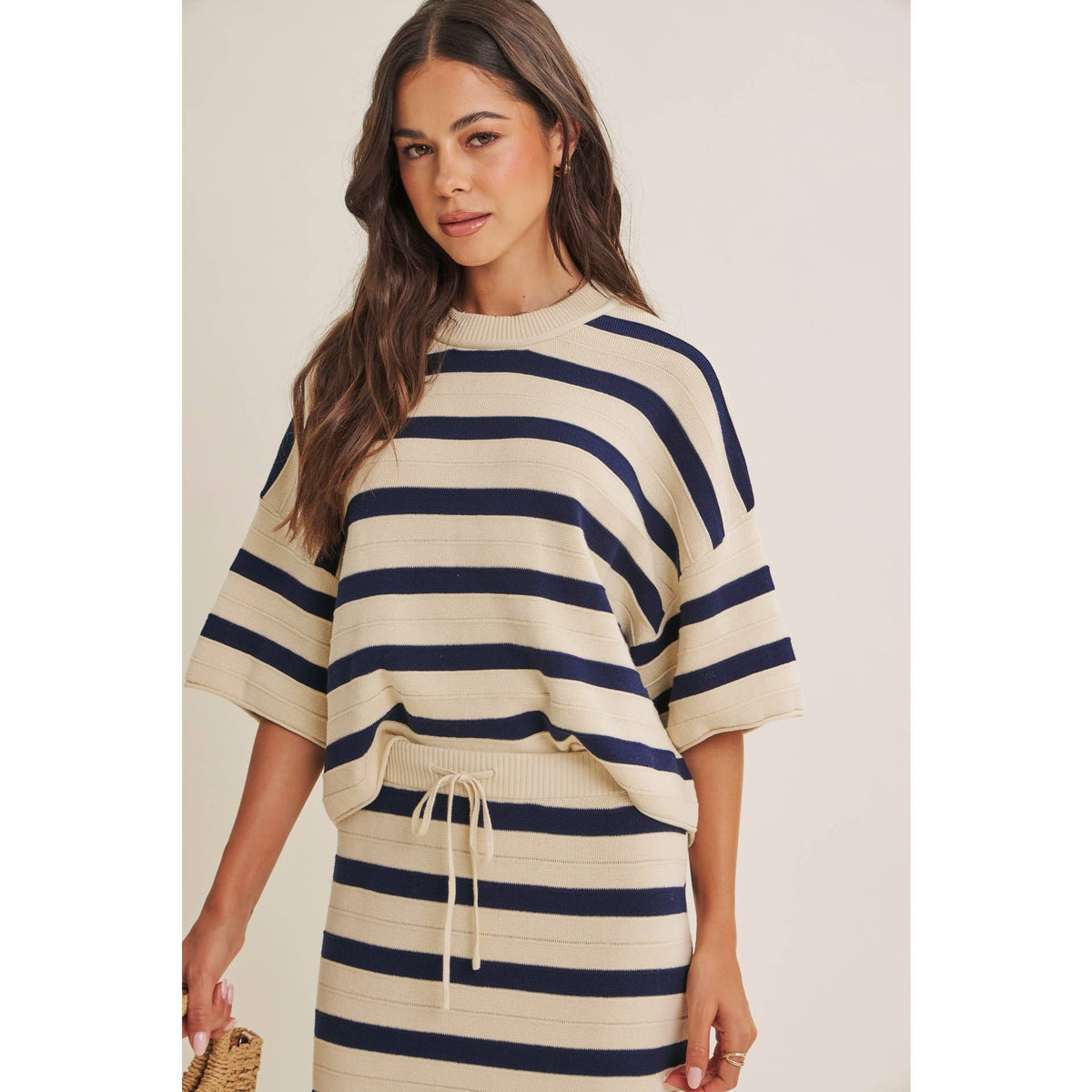WEEKEND IN CANNES SOFT DRAPE COTTON STRIPE RELAXED SWEATER