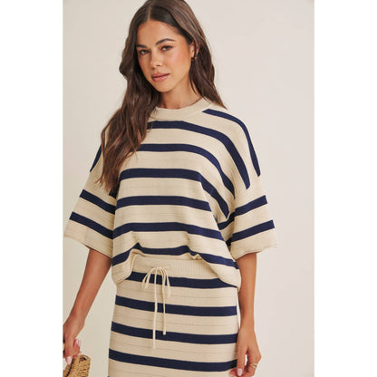 WEEKEND IN CANNES SOFT DRAPE COTTON STRIPE RELAXED SWEATER