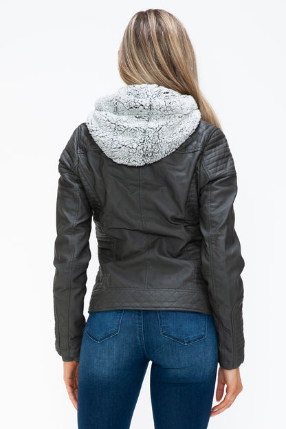 Faux Layered Double-Zipper Jacket with Fuzzy Hood