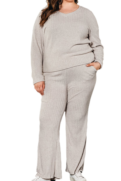 Parchment Ribbed V Neck Pullover and Pants Set