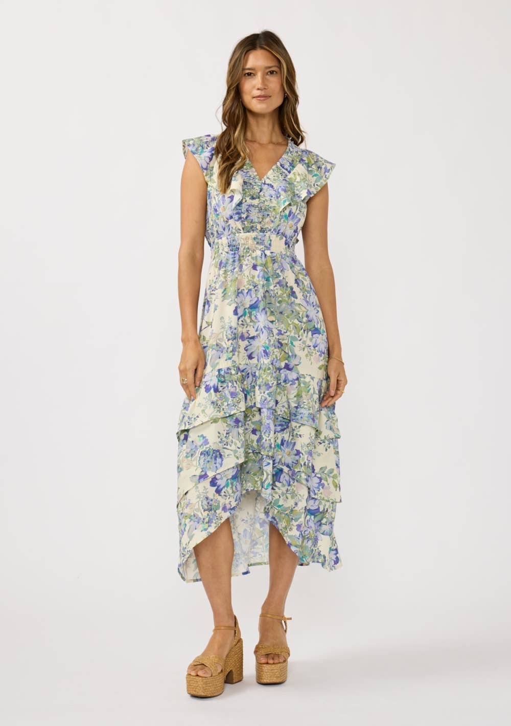 V-neck Smocked Waist Tiered Ruffle Midi Dress