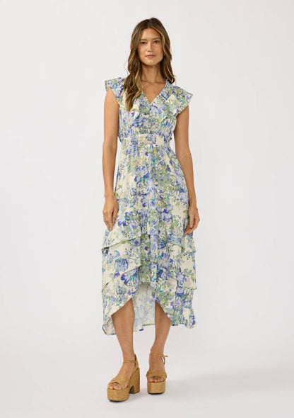 V-neck Smocked Waist Tiered Ruffle Midi Dress