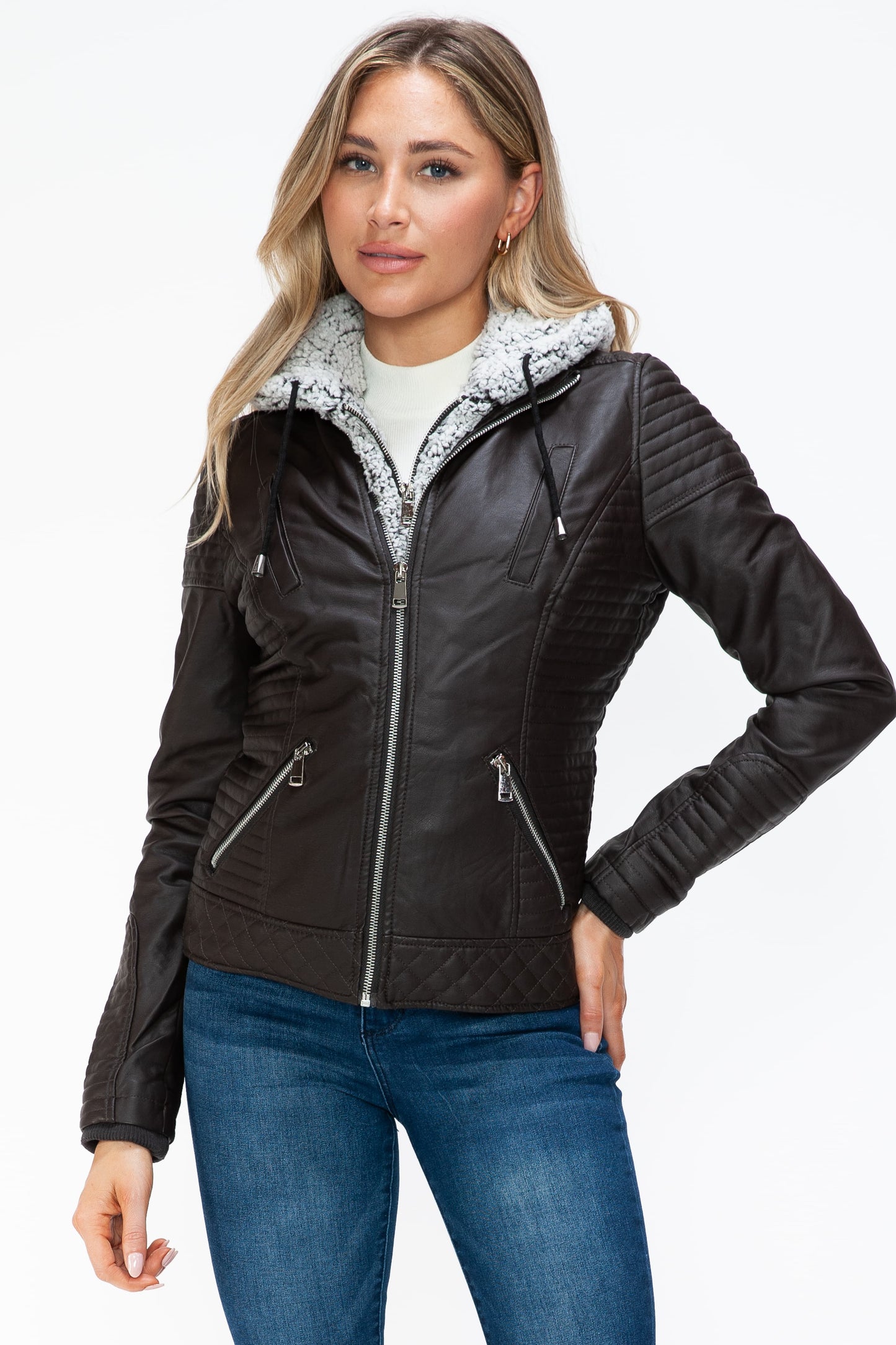 Faux Layered Double-Zipper Jacket with Fuzzy Hood