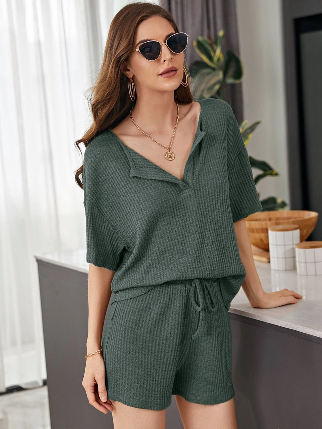 Size Inclusive Waffle-Knit Dropped Shoulder Top and Shorts Set