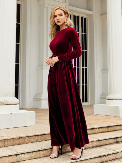 Holiday Tie Front Round Neck Long Sleeve Maxi Dress