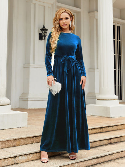 Holiday Tie Front Round Neck Long Sleeve Maxi Dress