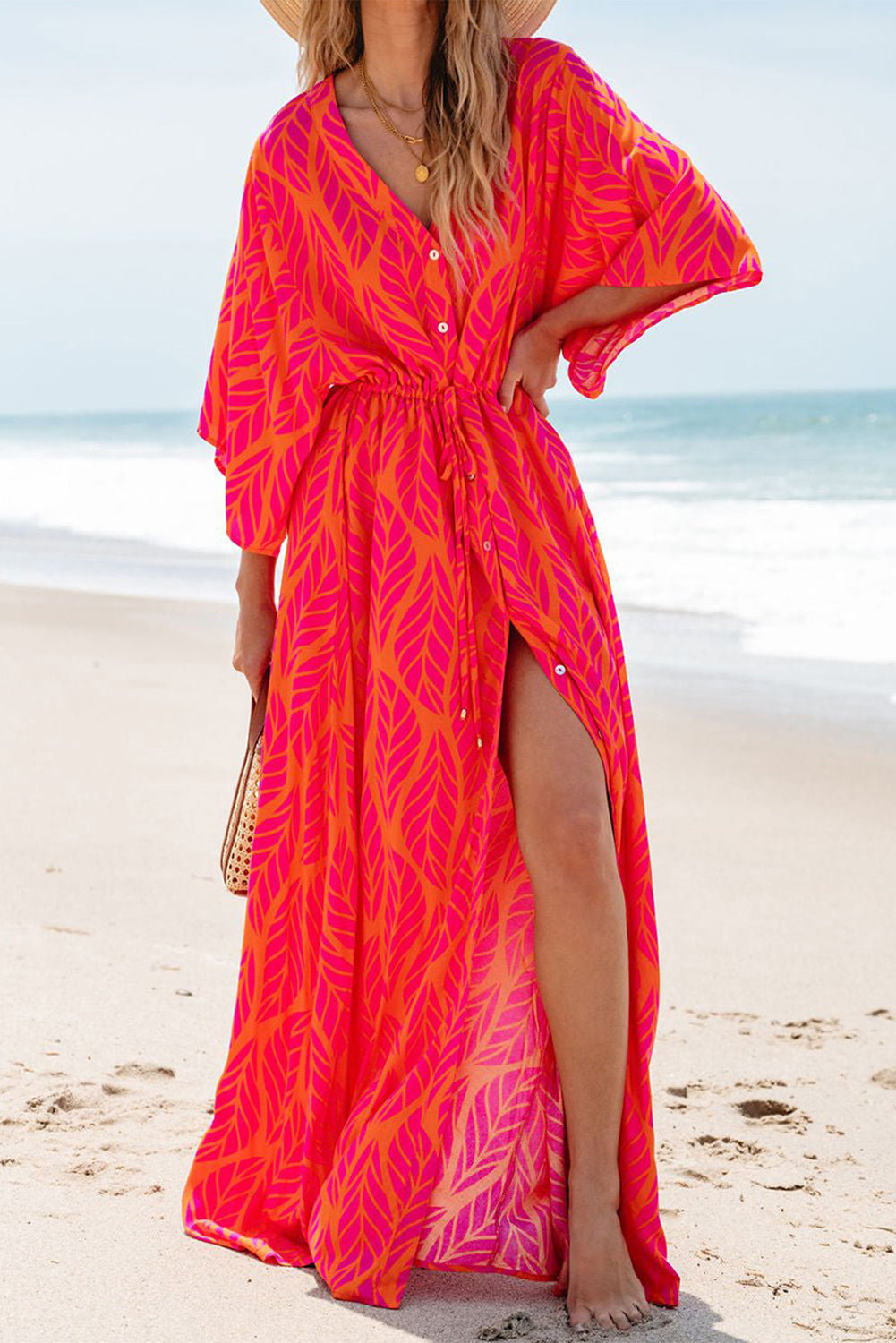 Orange Leafy Print 3/4 Sleeve V Neck Buttoned Split Maxi Dress