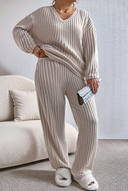 Parchment Ribbed V Neck Pullover and Pants Set