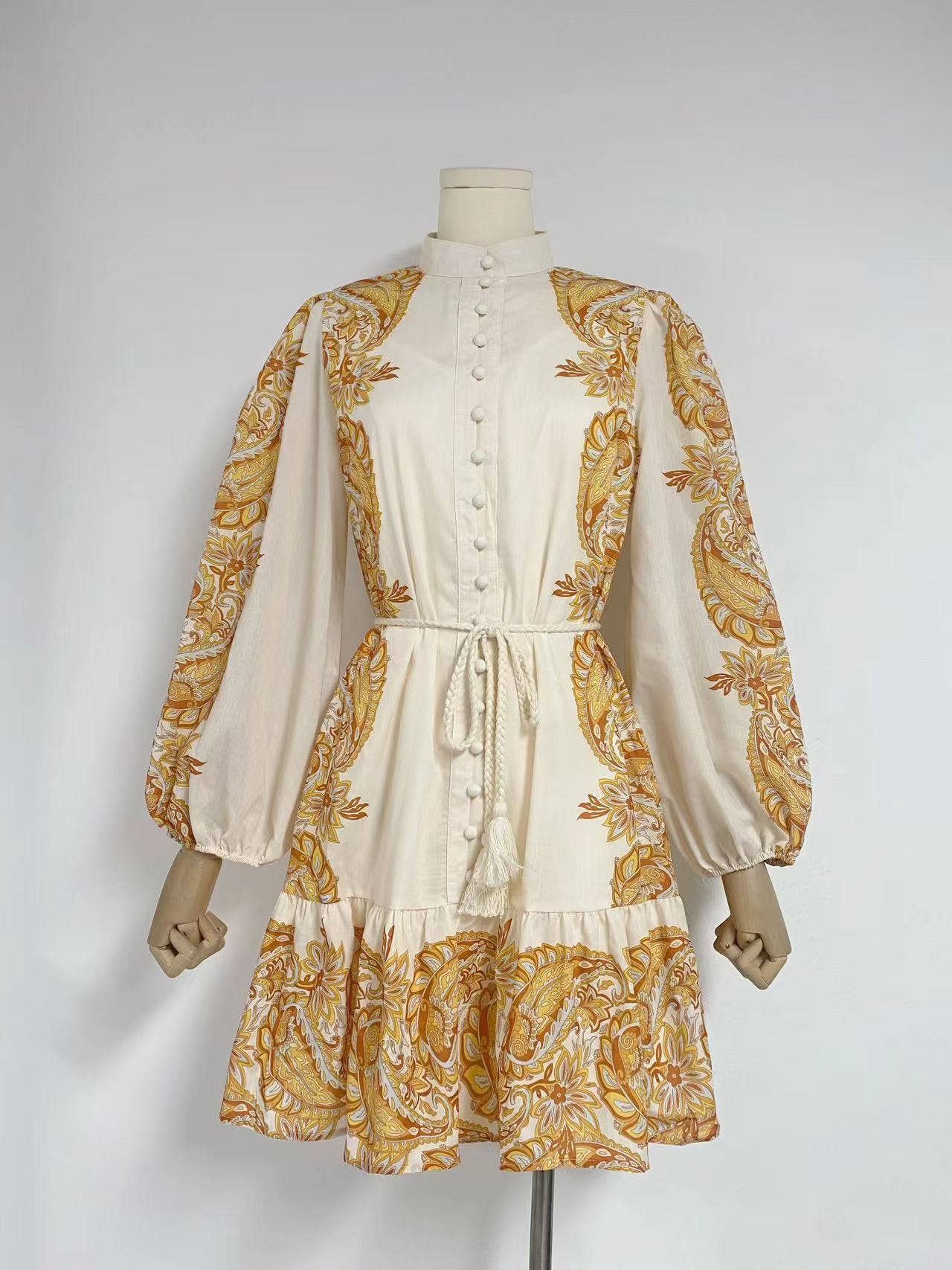 Retro Print Tie-Waist Dress with Lantern Sleeves