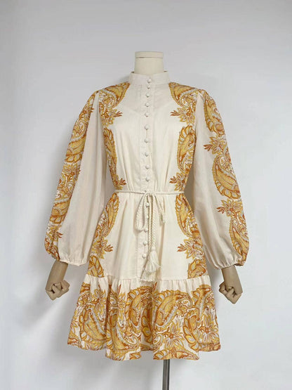 Retro Print Tie-Waist Dress with Lantern Sleeves