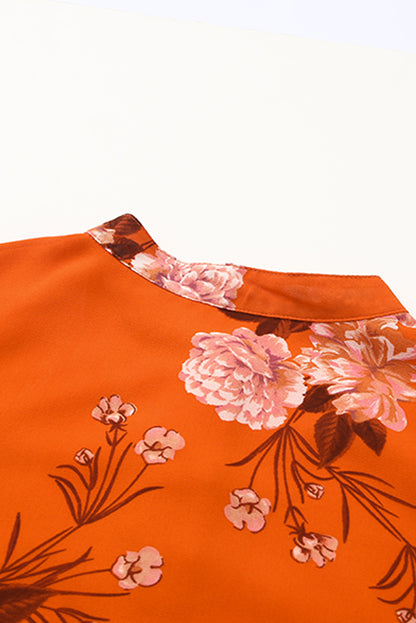 Orange Vintage Floral Print Drawstring Flowy Dress