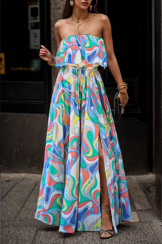 Festive Printed Strapless Maxi Dress