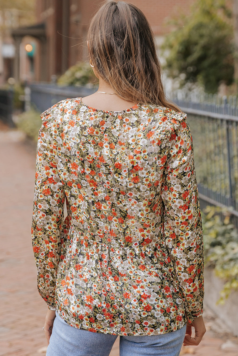 Khaki V Neck Ruffled Babydoll Floral Blouse