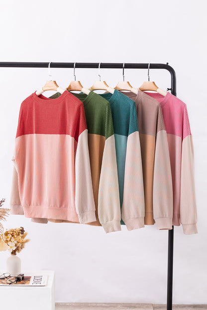 Red Color Block Long Sleeve Ribbed Loose Top